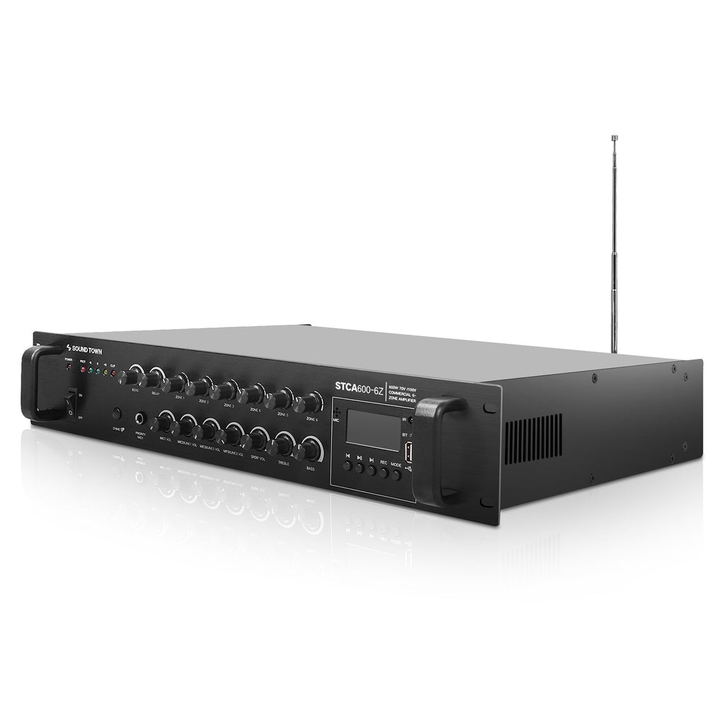 Sound Town STCA600-6Z-R | REFURBISHED: 600W 6-Zone 70V/100V Commercial Power Amplifier with Bluetooth, Optical, Phantom Power, for Restaurants, Lounges, Bars, Pubs, Schools - Left Panel