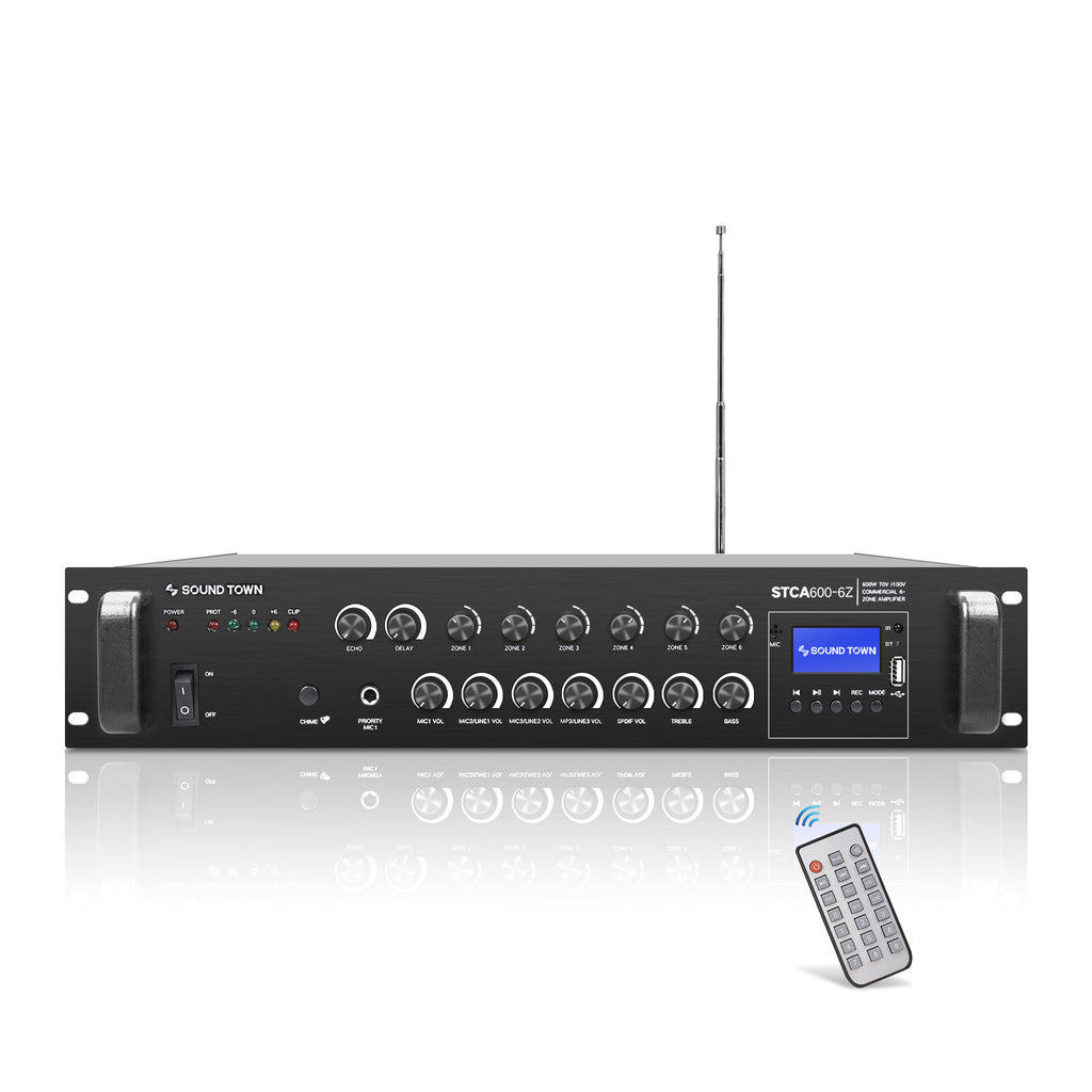 Sound Town STCA600X18TV6B 600W 6-Zone 70V/100V Commercial Power Amplifier with Bluetooth, Optical, Phantom Power, for Restaurants, Lounges, Bars, Pubs, Schools - Front Panel, Wireless Remote