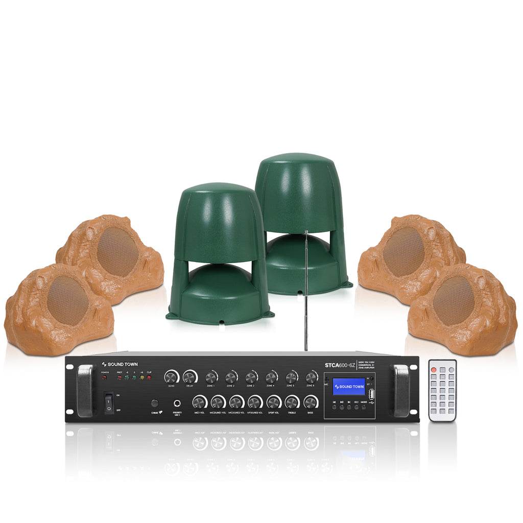 Sound Town STCA600X4RK8B2OM8G | Commercial Residential Outdoor Sound System, w/ a 6-Zone 70V/100V Bluetooth Amplifier, 6x8“ Landscape Speakers