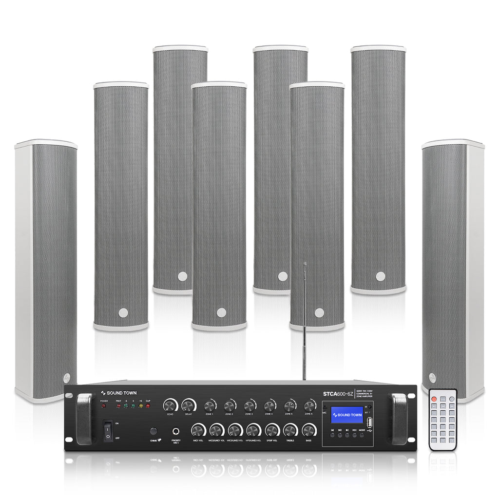 Sound Town STCA600X8CL45G | 6-Zone 70V/100V Commercial Restaurant Amplifier with Bluetooth And 8 x Four 5-Inch Column Speakers, Gray