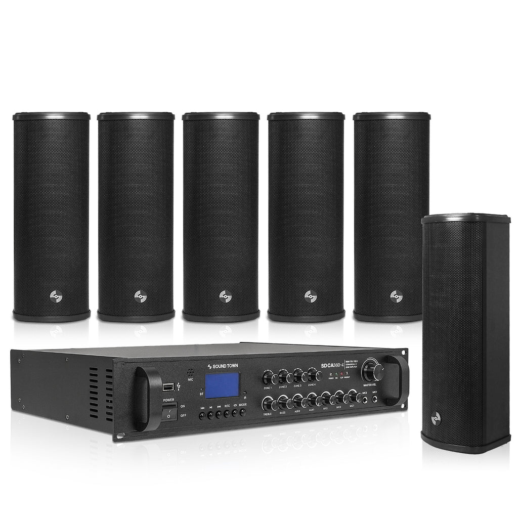 Sound Town STCA6130X6CL25B | Commercial Set 3-Zone Low-Impedance Bluetooth Amplifier, 6 x Dual 5" Weatherproof Column Array Speakers for Outdoor Install, Black