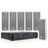 Sound Town STCA6130X6CL25G | Commercial Set 3-Zone Low-Impedance Bluetooth Amplifier, 6 x Dual 5" Weatherproof Column Array Speakers for Outdoor Install, Gray
