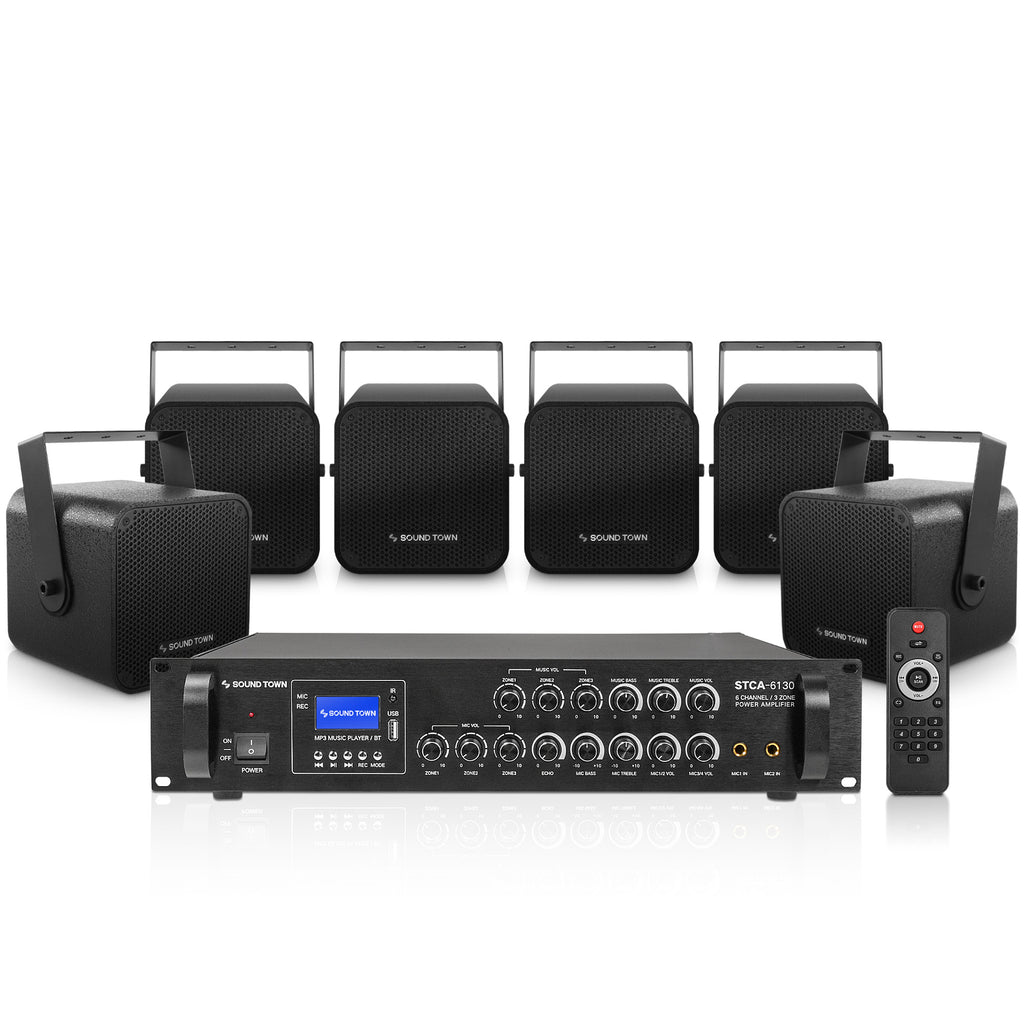 Sound Town STCA6130X6CM5B | Commercial Sound System with 3-Zone Low-Impedance Bluetooth Amplifier, 6 x 5" Coaxial Wall-Mount Speaker Set for Installation, Black