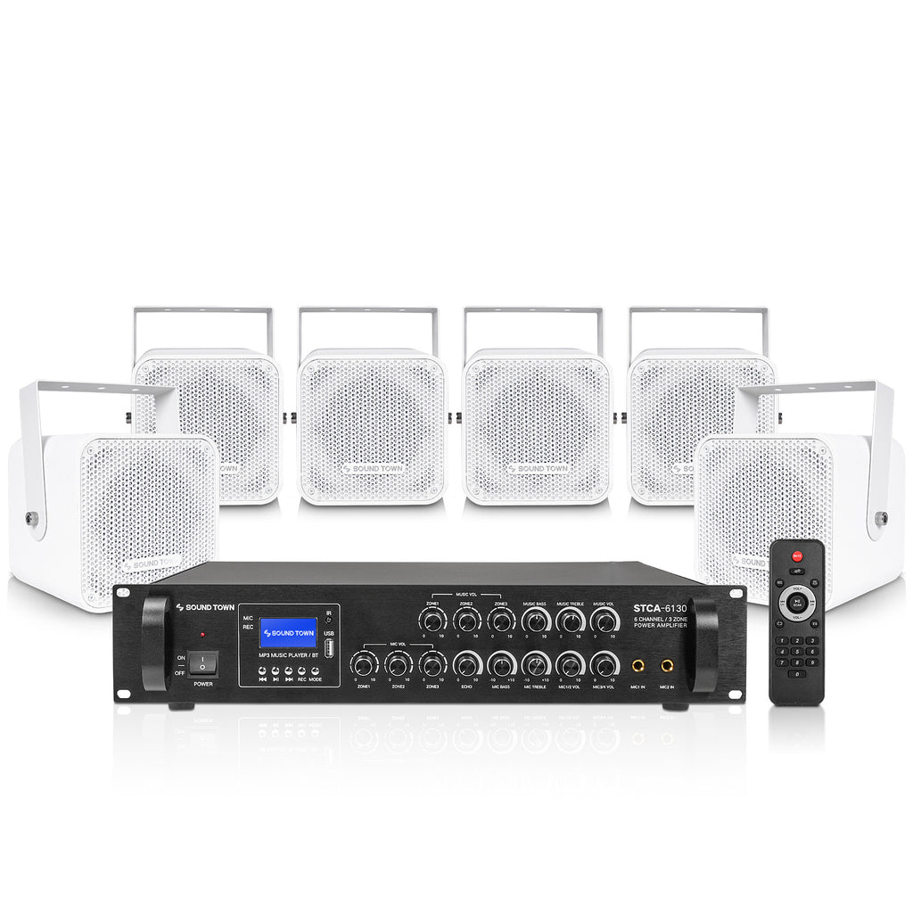 Sound Town STCA6130X6CM5W | Commercial Sound System Set with 3-Zone Low-Impedance Bluetooth Amplifier, 6 x 5" Coaxial Wall-Mount Speakers for Installation, White