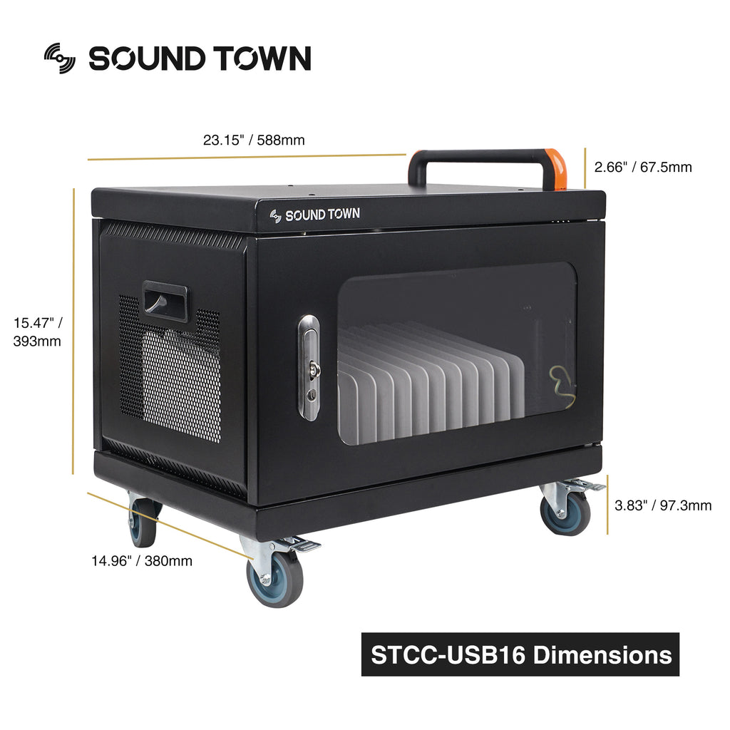 Sound Town STCC-USB16US-R | REFURBISHED: Multi-Device Wall-Mountable Charging Cart w/ 16 USB Ports and Casters, for iPads, Tablets, Laptops, Chromebooks - Size & Dimensions