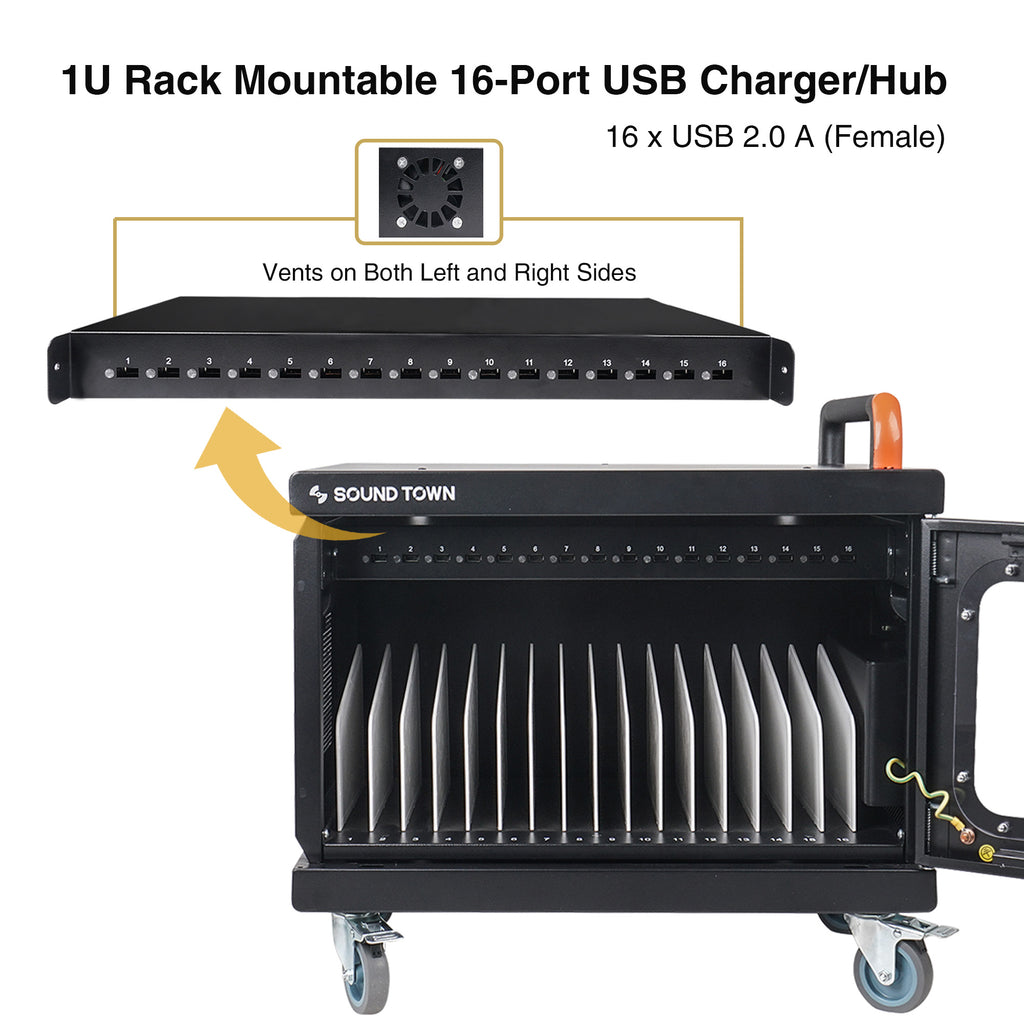 Sound Town STCC-USB16US-R | REFURBISHED: Multi-Device Wall-Mountable Charging Cart w/ 16 USB Ports and Casters, for iPads, Tablets, Laptops, Chromebooks - 1U Rack Mountable 16-Port USB Charger/Hub, Vents on Left and Right Sides, USB 2.0A