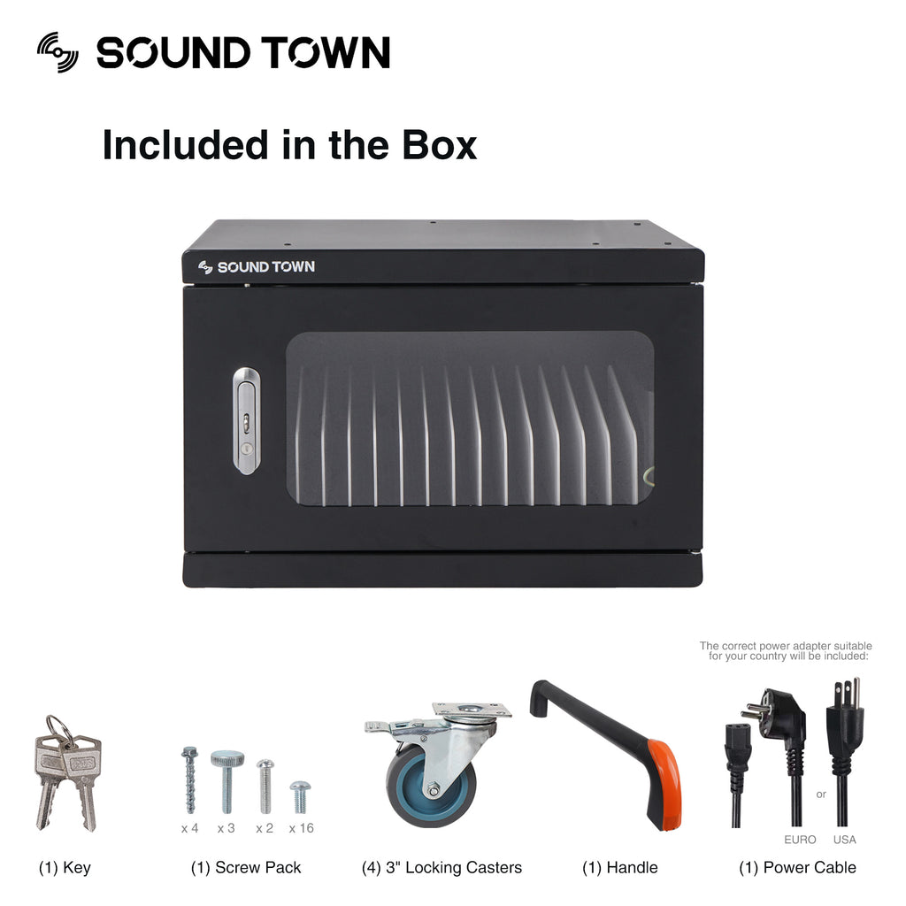 Sound Town STCC-USB16US-R | REFURBISHED: Multi-Device Wall-Mountable Charging Cart w/ 16 USB Ports and Casters, for iPads, Tablets, Laptops, Chromebooks - Included in the Box, Package Contents