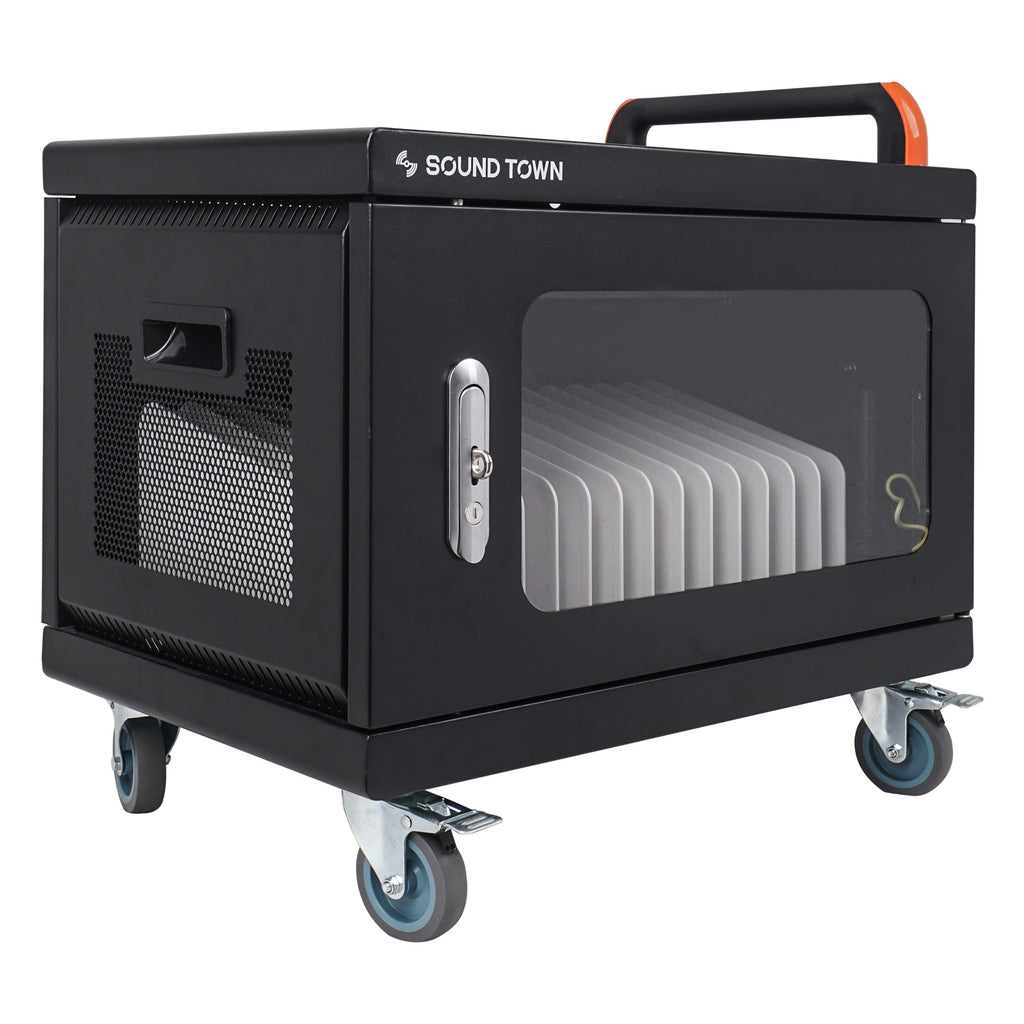 Sound Town STCC-USB16US-R | REFURBISHED: Multi-Device Wall-Mountable Charging Cart w/ 16 USB Ports and Casters, for iPads, Tablets, Laptops, Chromebooks - Locking Cabinet