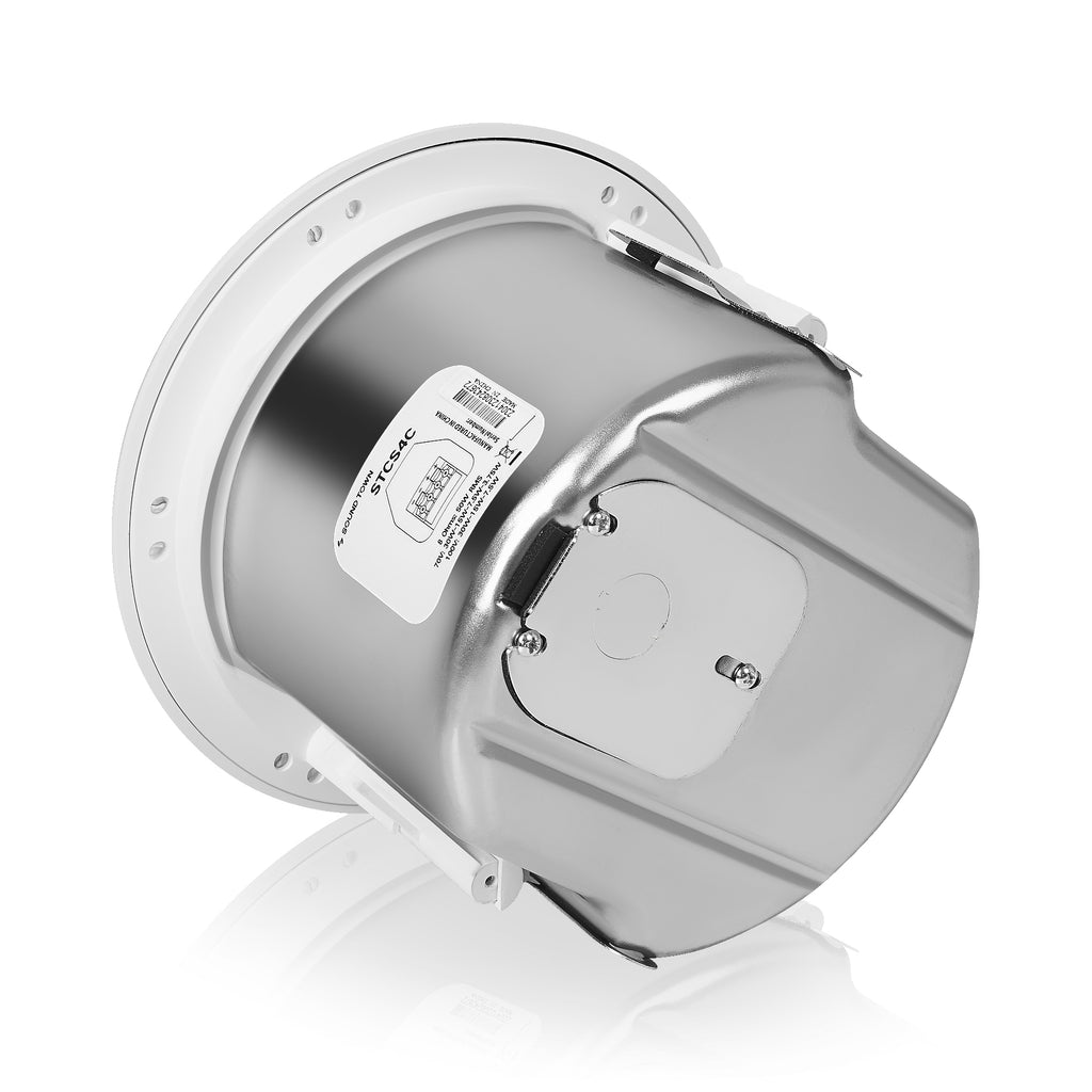 Sound Town STCS4C-PAIR-R | REFURBISHED: Pair of 4.5" Coaxial In-Ceiling Speakers with Metal Backcan and Tile Rails, 70V/100V/8-Ohm Switchable, Magnetic Grill, White - Back View