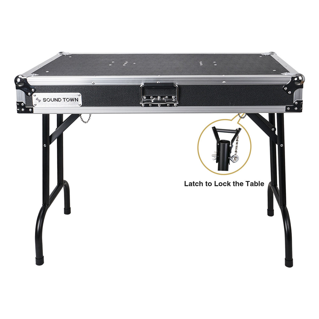 Sound Town STDJT-36W-R | REFURBISHED: Folding DJ Workstation Table, Plywood, 36-inch x 21-inch, universal, with latch to lock the table