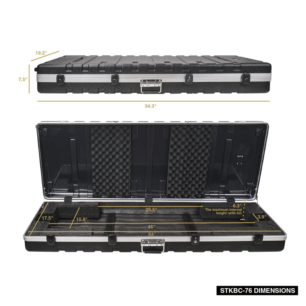 Sound Town STKBC-76-R REFURBISHED: Lightweight 76-Note Keyboard Case, ATA Flight Case with TSA Approved Locking Latches, Customizable Interior, Recessed Wheels - Size, and Dimensions