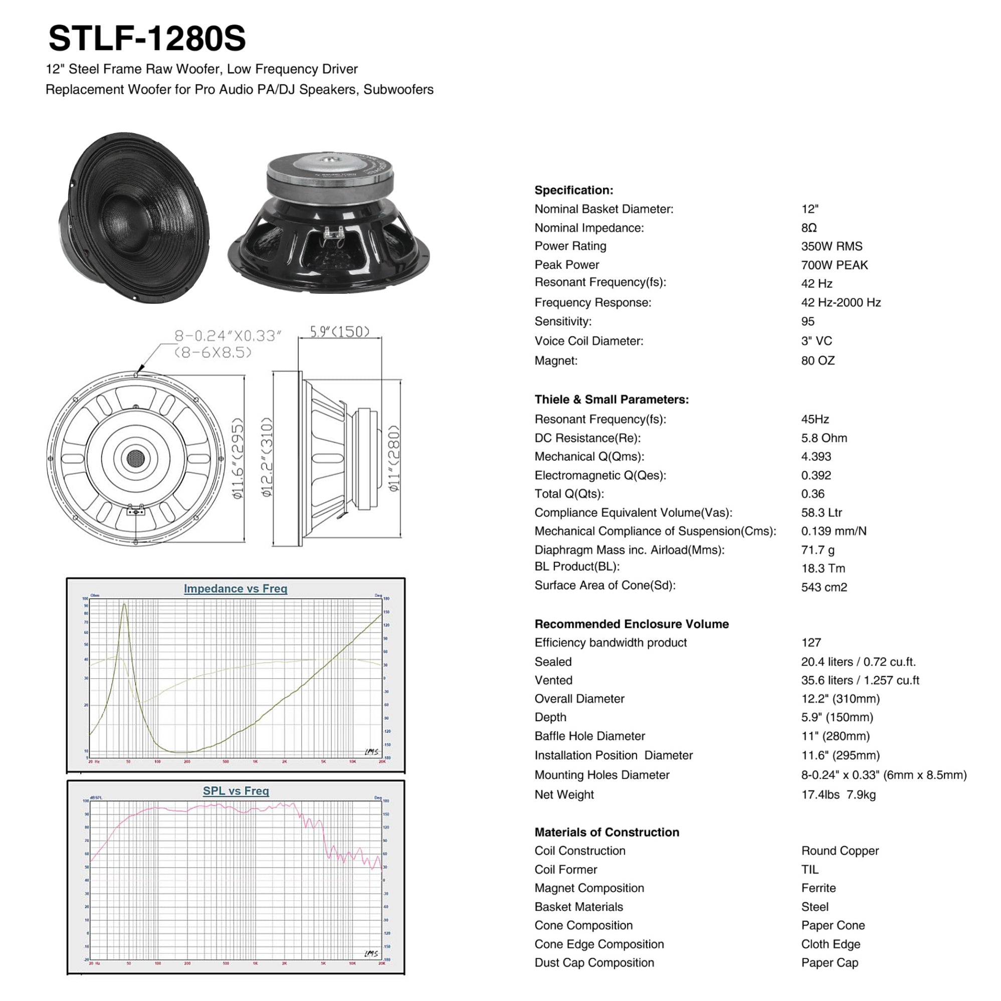 STLF-1280S | 12” 350W Steel Frame Raw Woofer (Low Frequency Driver) w ...