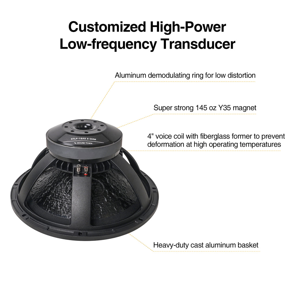 Sound Town STLF-18AS-R | REFURBISHED: 18" 750W Cast Aluminum Frame Woofer (Low Frequency Driver), Replacement for PA/DJ Subwoofer Cabinets - Features: aluminum demodulating ring, 145 oz Y35 magnet, 4" voice coil with fiberglass forme