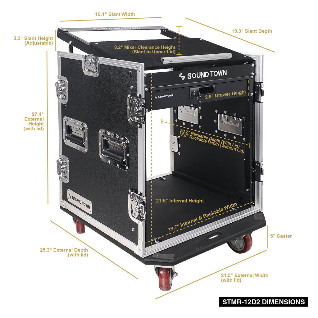 Sound Town STMR-12D2 12U (12 Space) PA DJ Pro Audio Rack/Road ATA Case with 11U Slant Mixer Top, 20.2" Rackable Depth and Casters - Dimensions & Size