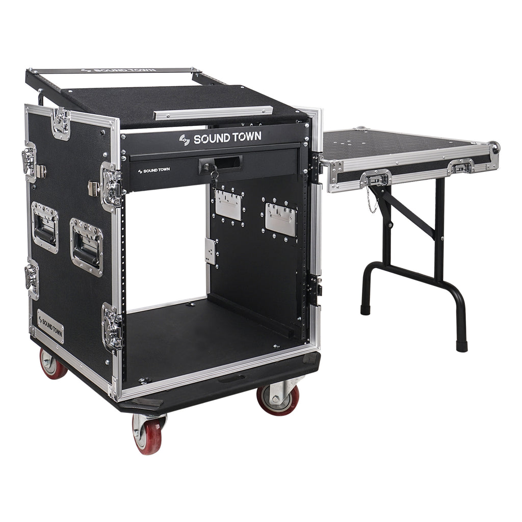 Sound Town STMR-12TD2 12U (12 Space) PA DJ Pro Audio Rack/Road ATA Case with 11U Slant Mixer Top, Locking Drawer, Side Table, 20" Rackable Depth and Casters - Detachable Side Table