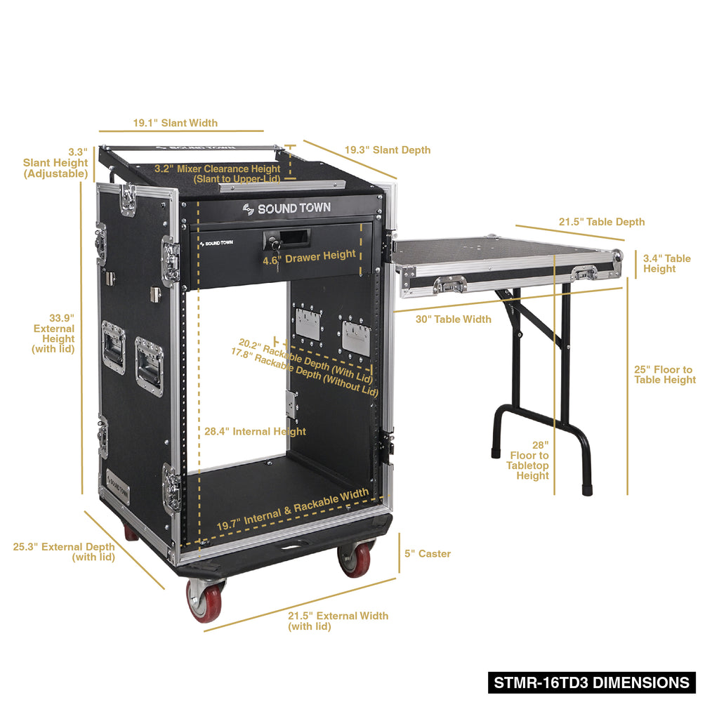 Sound Town STMR-16TD3 16U PA DJ Pro Audio Rack/Road ATA Case with 11U Slant Mixer Top, Locking Drawer, Side Table, 20" Rackable Depth and Casters - internal and external size and dimensions