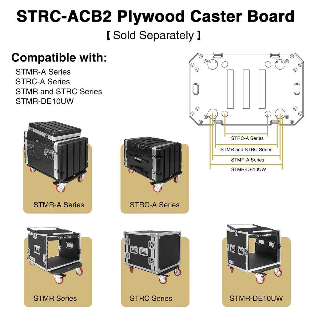 Sound Town STMR-4U-R | REFURBISHED: Plywood Caster Board for Road/Rack Cases, w/ 4-inch Wheels and Brakes - Compatible with STMR-A Series, STRC-A Series, STMR & STRC Series, STMR-DE10UW