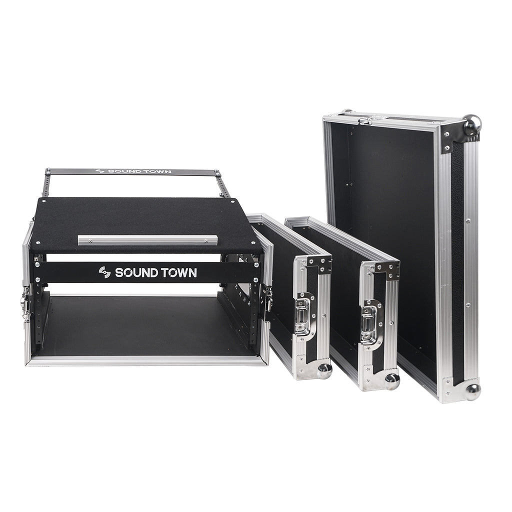 Sound Town STMR-4U-R | REFURBISHED: 4U (4 Space) PA/DJ Road/Rack ATA Case with 11U Slant Mixer Top, 20.2" Rackable Depth - Pro Tour Grade - Removable two door covers
