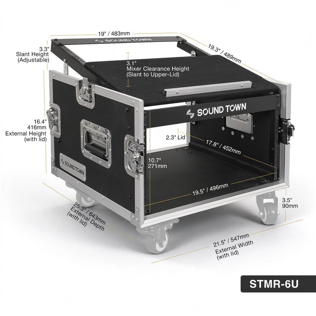 Sound Town STMR-6U | 6U Rack Road ATA Case with 11U Slant Mixer Top, 20.1" Rackable Depth, Removable Doors, 1/2" Heavy-Duty Plywood for PA/DJ Gear - Size and Dimensions