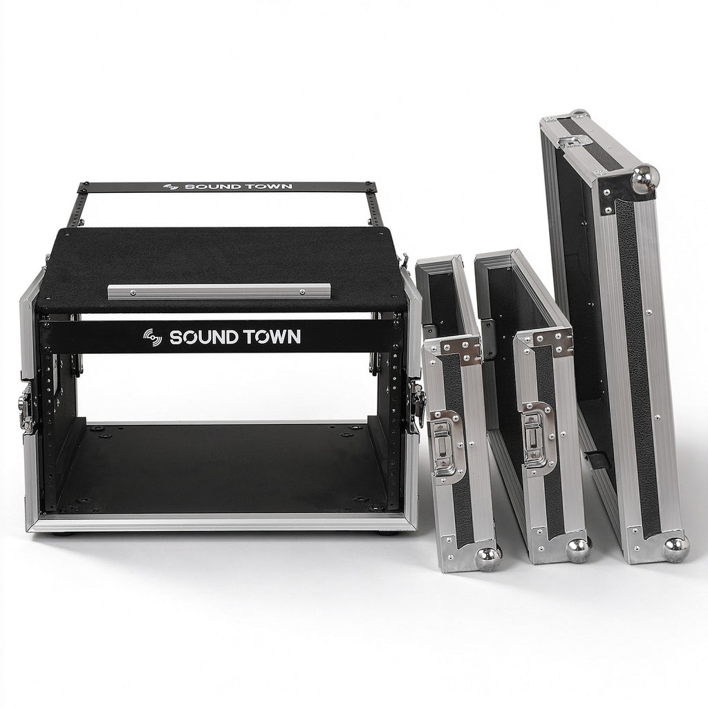 Sound Town STMR-6U | 6U Rack Road ATA Case with 11U Slant Mixer Top, 20.1" Rackable Depth, Removable Doors, 1/2" Heavy-Duty Plywood for PA/DJ Gear - Front Panel