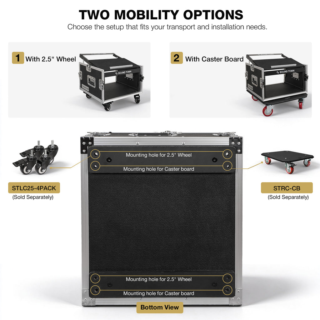 Sound Town STMR-6U | 6U Rack Road ATA Case with 11U Slant Mixer Top, 20.1" Rackable Depth, Removable Doors, 1/2" Heavy-Duty Plywood for PA/DJ Gear - Mobility Options