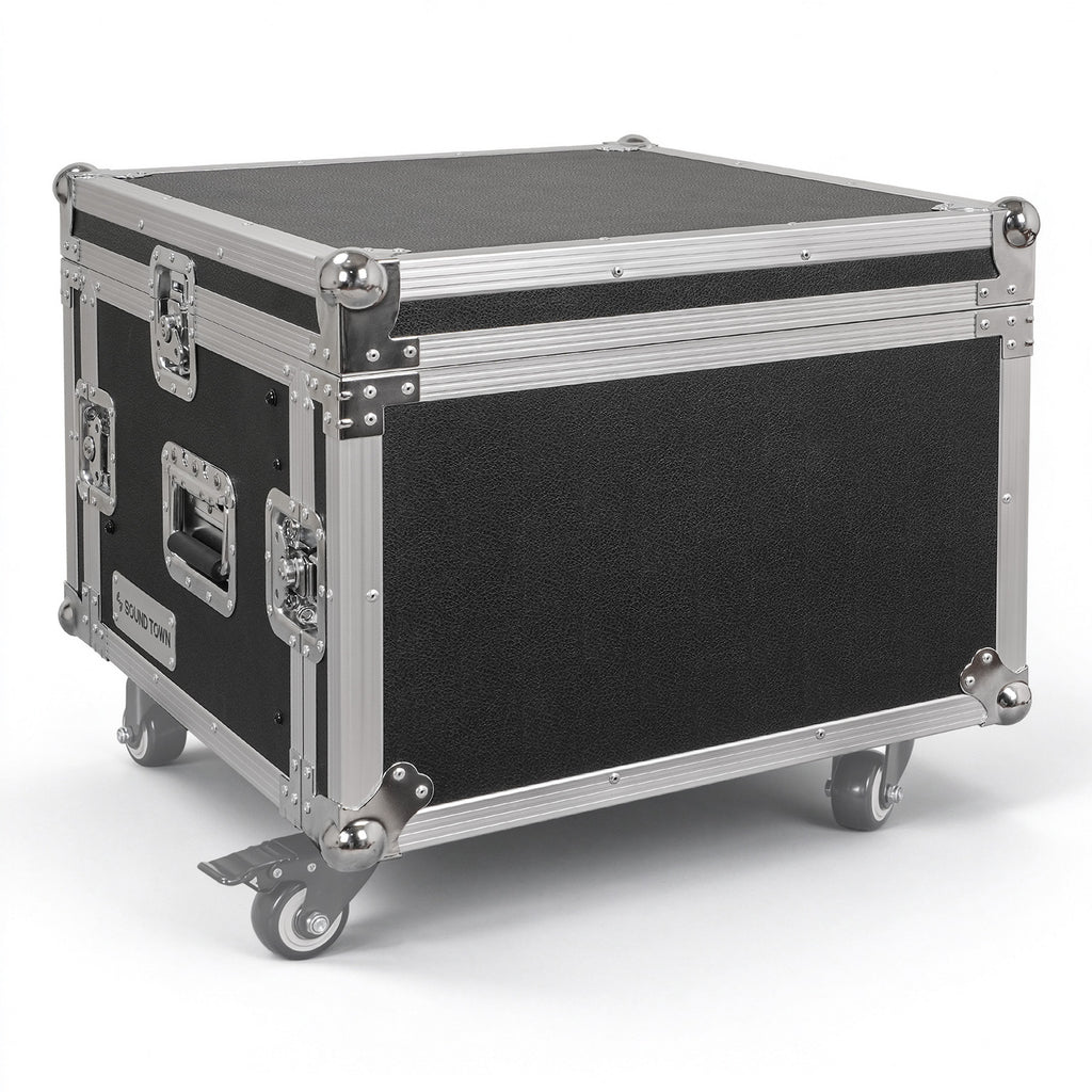 Sound Town STMR-6U | 6U Rack Road ATA Case with 11U Slant Mixer Top, 20.1" Rackable Depth, Removable Doors, 1/2" Heavy-Duty Plywood for PA/DJ Gear - Right View, Closed