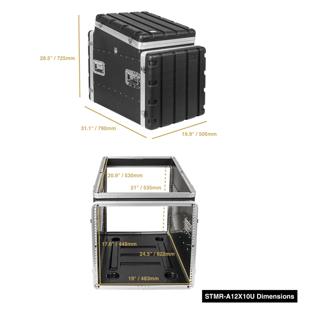 Sound Town STMR-A12X10U-R | REFURBISHED: Lightweight and Compact 10U ATA ABS Rack Case, with Slant Mixer Top, 24.5" Depth, 12U Top and 10U Side Spaces - Size and Dimensions