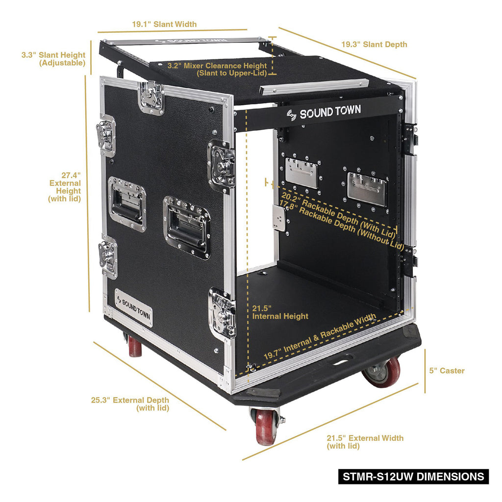 Sound Town STMR-S12UW-R | REFURBISHED: 12U PA/DJ Road/Rack ATA Case w/ Enhanced 1/2" (12mm) Plywood, 11U Slant Mixer Top, 20.2" Rackable Depth and Casters - Size and Dimensions