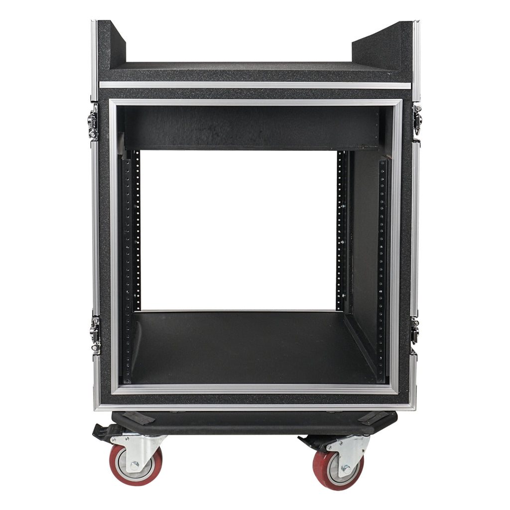 Sound Town STMR-SP12UW | Shock Mount 12U (12 Space) PA/DJ Rack/Road ATA Case with 20.2" Rackable Depth, 11U Slant Mixer Top and Casters - Back View/Panel