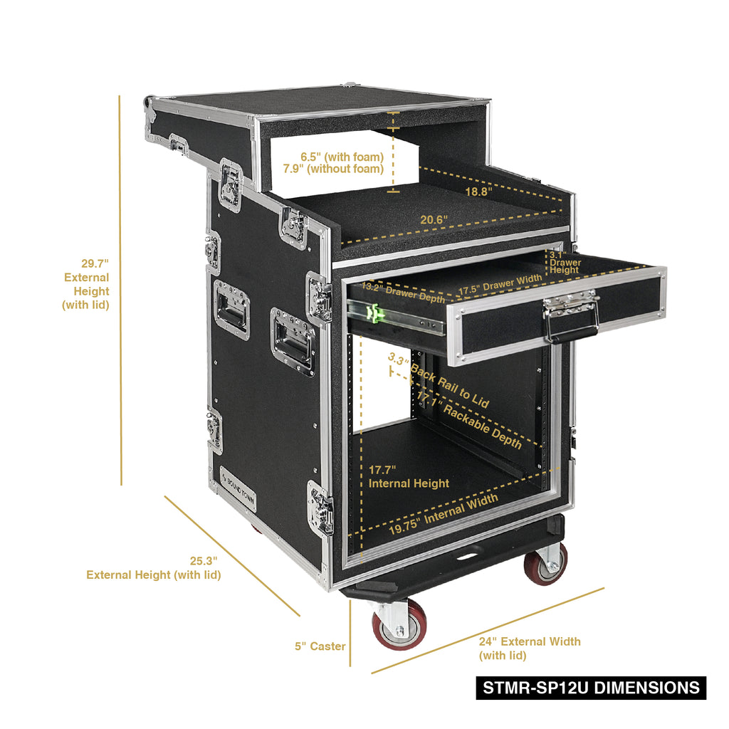 STRC-12UW  12U (12 Space) PA DJ Rack Road Flight Case, Casters, 21 Depth  – Sound Town