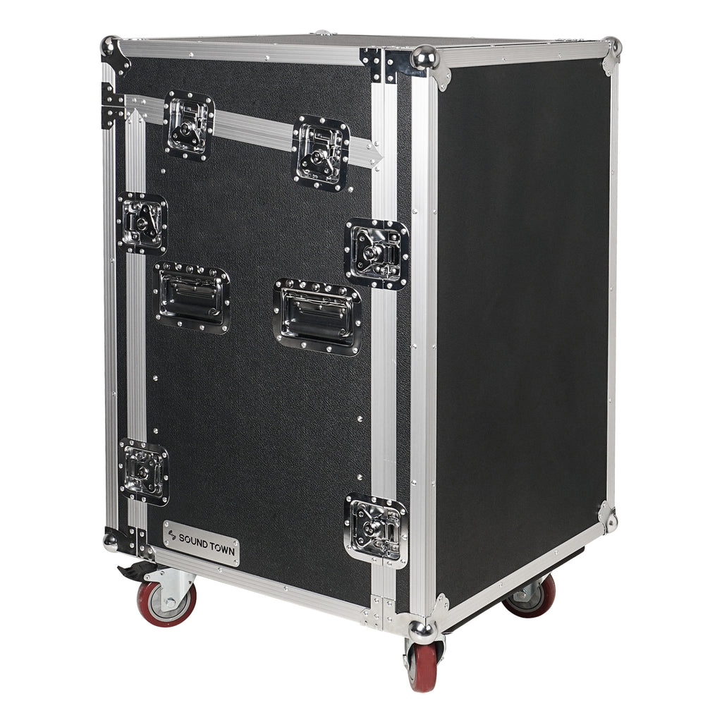 Sound Town STMR-SP12UW | Shock Mount 12U (12 Space) PA/DJ Rack/Road ATA Case with 20.2" Rackable Depth, 11U Slant Mixer Top and Casters - Portable