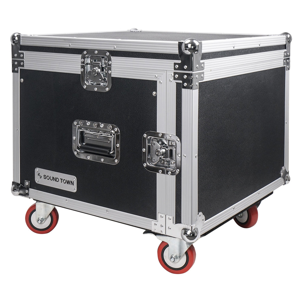 Sound Town STMR-SP8UW-R REFURBISHED: Shock Mount 8U (8 Space) PA/DJ Rack/Road ATA Case with 20.2" Rackable Depth, 11U Slant Mixer Top and Casters - Transportable, Portable