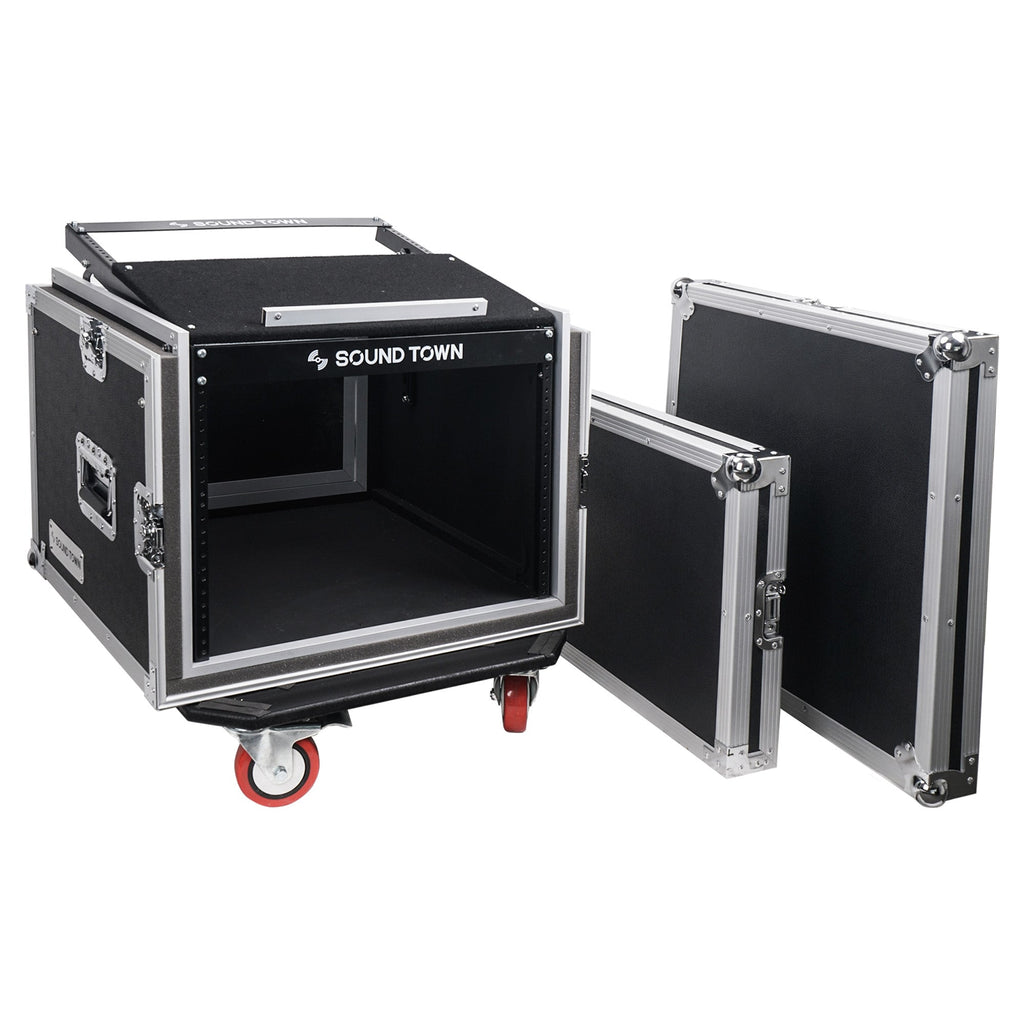 Sound Town STMR-SP8UW-R REFURBISHED: Shock Mount 8U (8 Space) PA/DJ Rack/Road ATA Case with 20.2" Rackable Depth, 11U Slant Mixer Top and Casters - Removable Top and Front Cover