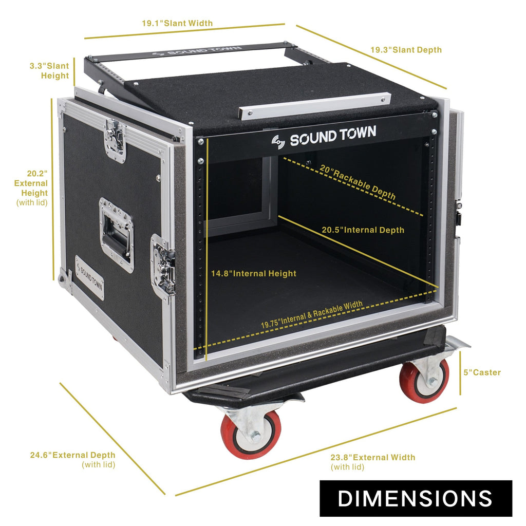 Sound Town STMR-SP8UW-R REFURBISHED: Shock Mount 8U (8 Space) PA/DJ Rack/Road ATA Case with 20.2" Rackable Depth, 11U Slant Mixer Top and Casters - Size and Dimensions