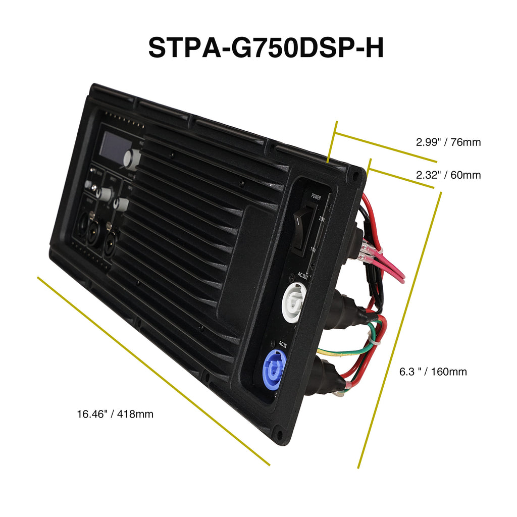 Sound Town STPA-G750DSP-H Class-D Plate Amplifier 550W Continuous w/ TWS Bluetooth, DSP for PA DJ Speaker Cabinets and Loudspeakers - Size and Dimensions