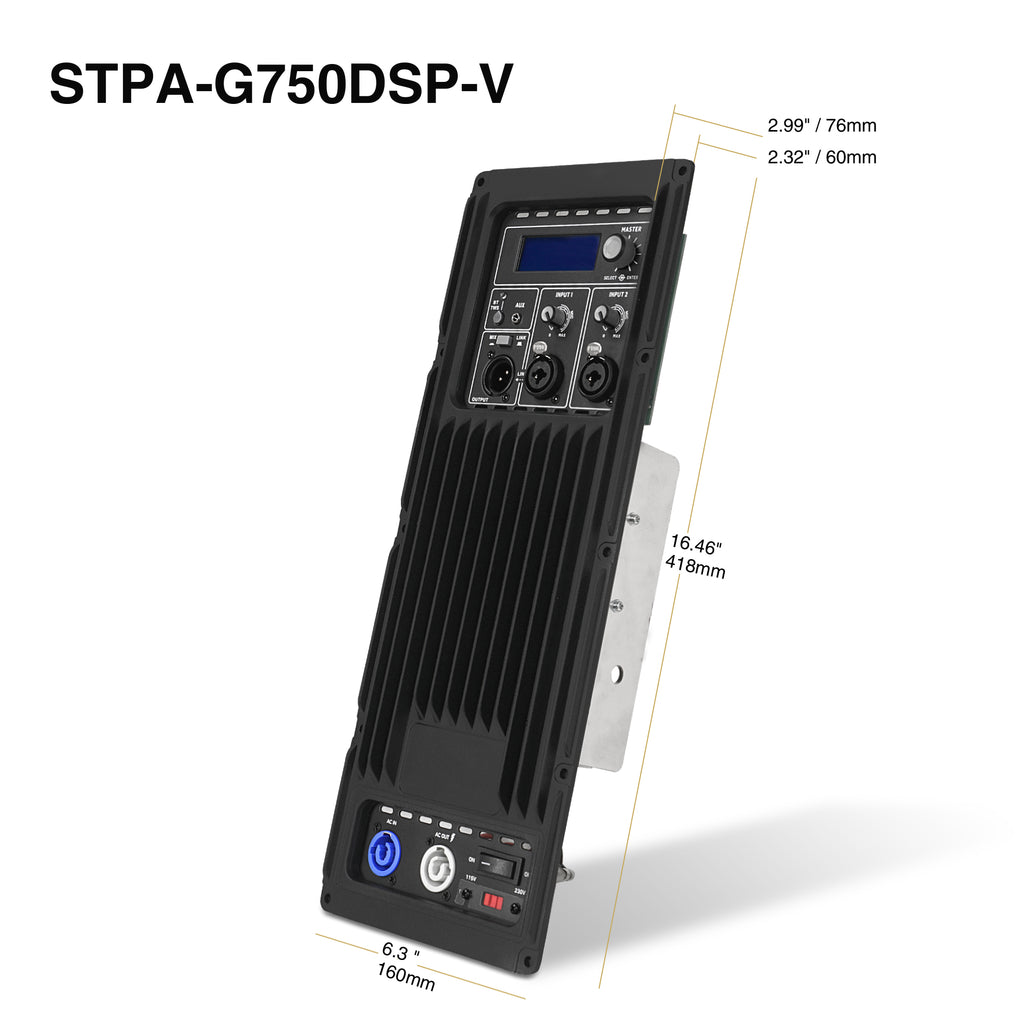 Sound Town STPA-G750DSP-V-R | REFURBISHED: Class-D Plate Amplifier 700W Continuous w/ TWS Bluetooth, DSP for PA DJ Speaker Cabinets and Loudspeakers - Dimensions and Sizes