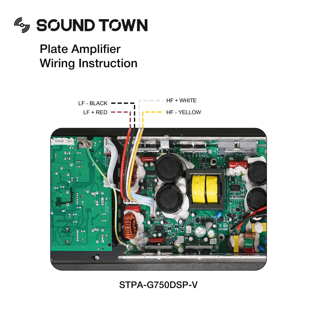 Sound Town STPA-G750DSP-V-R | REFURBISHED: Class-D Plate Amplifier 700W Continuous w/ TWS Bluetooth, DSP for PA DJ Speaker Cabinets and Loudspeakers - Wiring Instruction