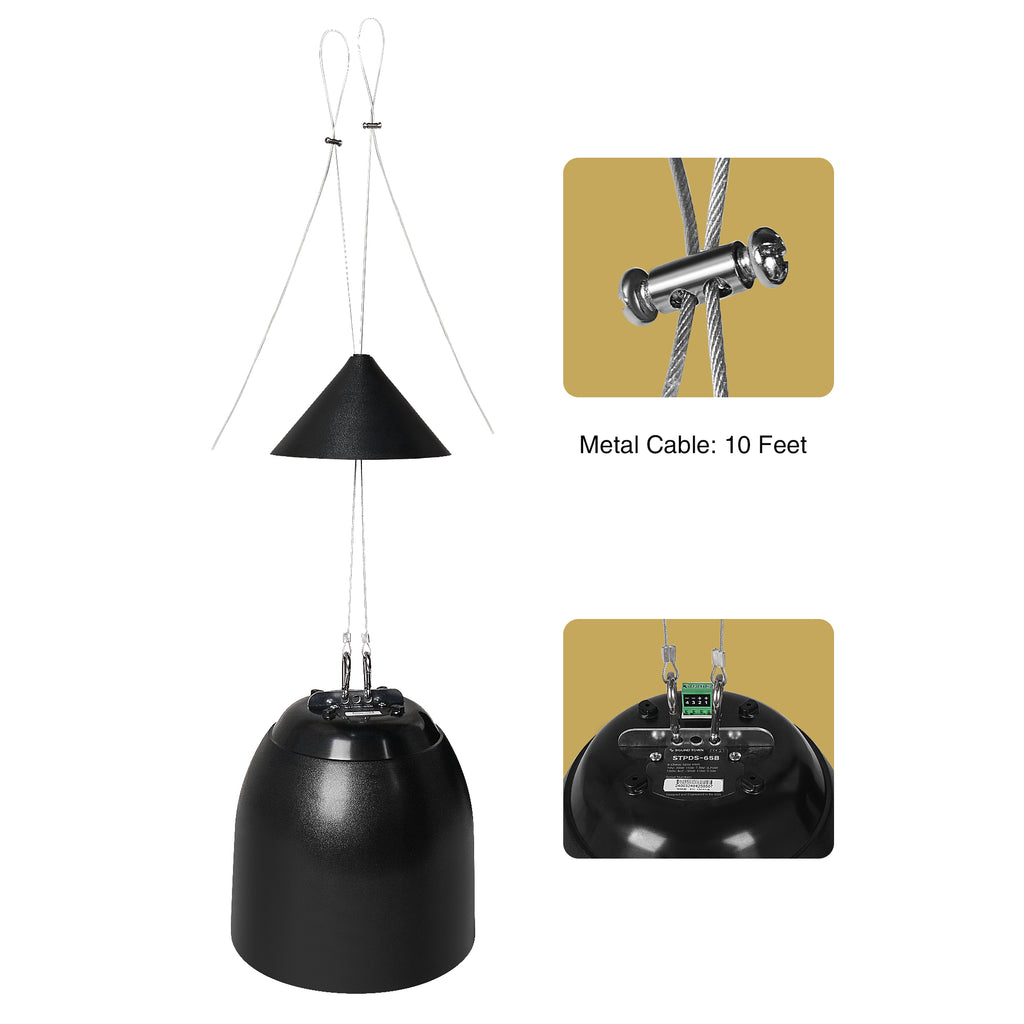 Sound Town STPDS-65B-R | REFURBISHED: 6.5" Weather-resistant Pendant Speaker, 70V/100V/8-Ohm, Indoor/Outdoor Commercial Speaker for Home and Commercial Installation, Black - Adjustable Length, Metal Cable