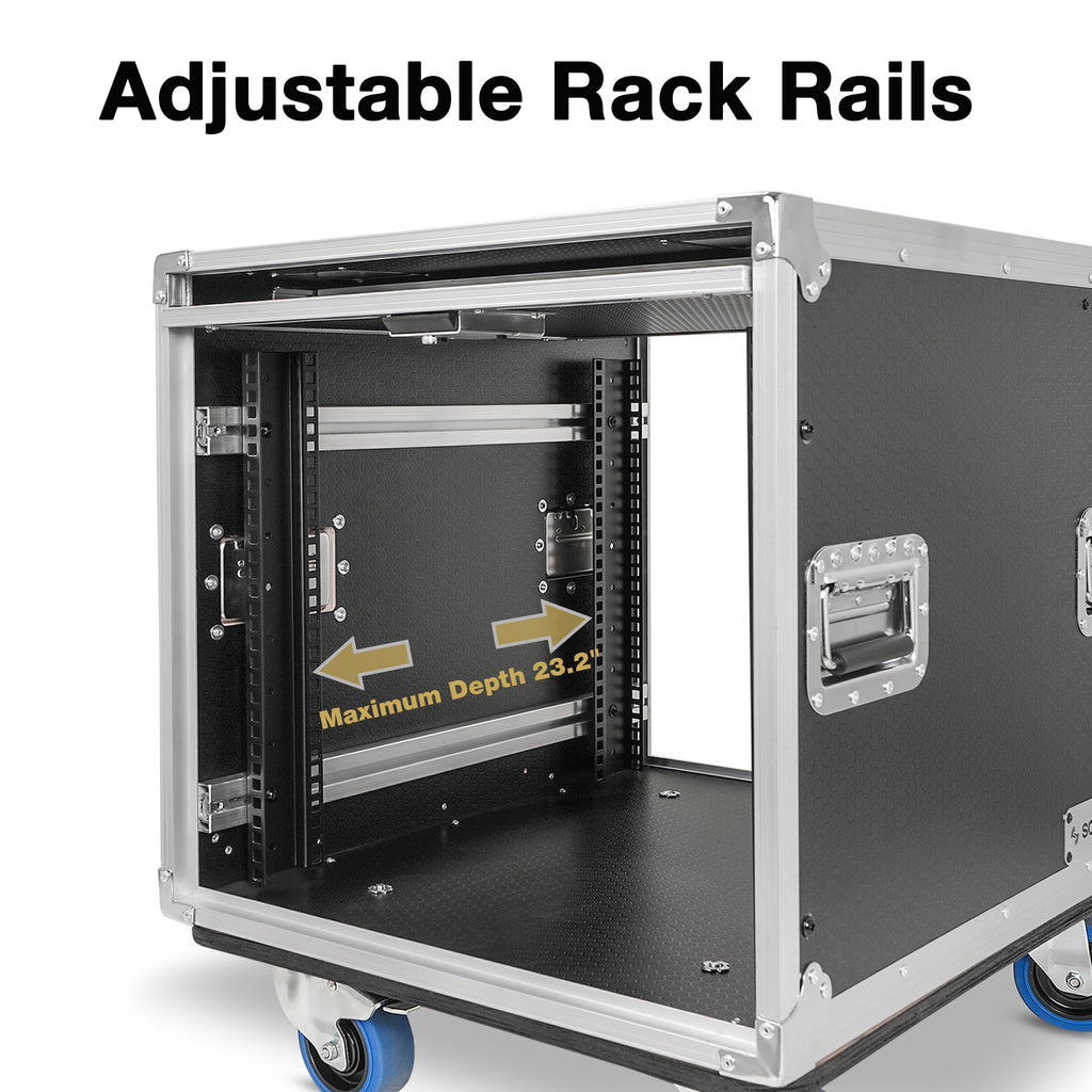 Sound Town STPR-10 | 10U Slam Rack Road Case, Retractable Sliding Doors, Adjustable Depth, Stackable, Casters, 12mm PVC-Laminated Plywood, for PA/DJ Gear - Rails can be adjusted to desired position.