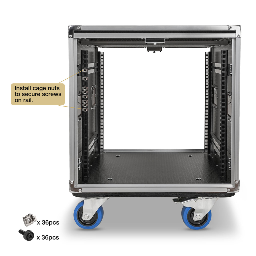 Sound Town STPR-10 | 10U Slam Rack Road Case, Retractable Sliding Doors, Adjustable Depth, Stackable, Casters, 12mm PVC-Laminated Plywood, for PA/DJ Gear - Cage Nuts for Precise and Convenient Mounting