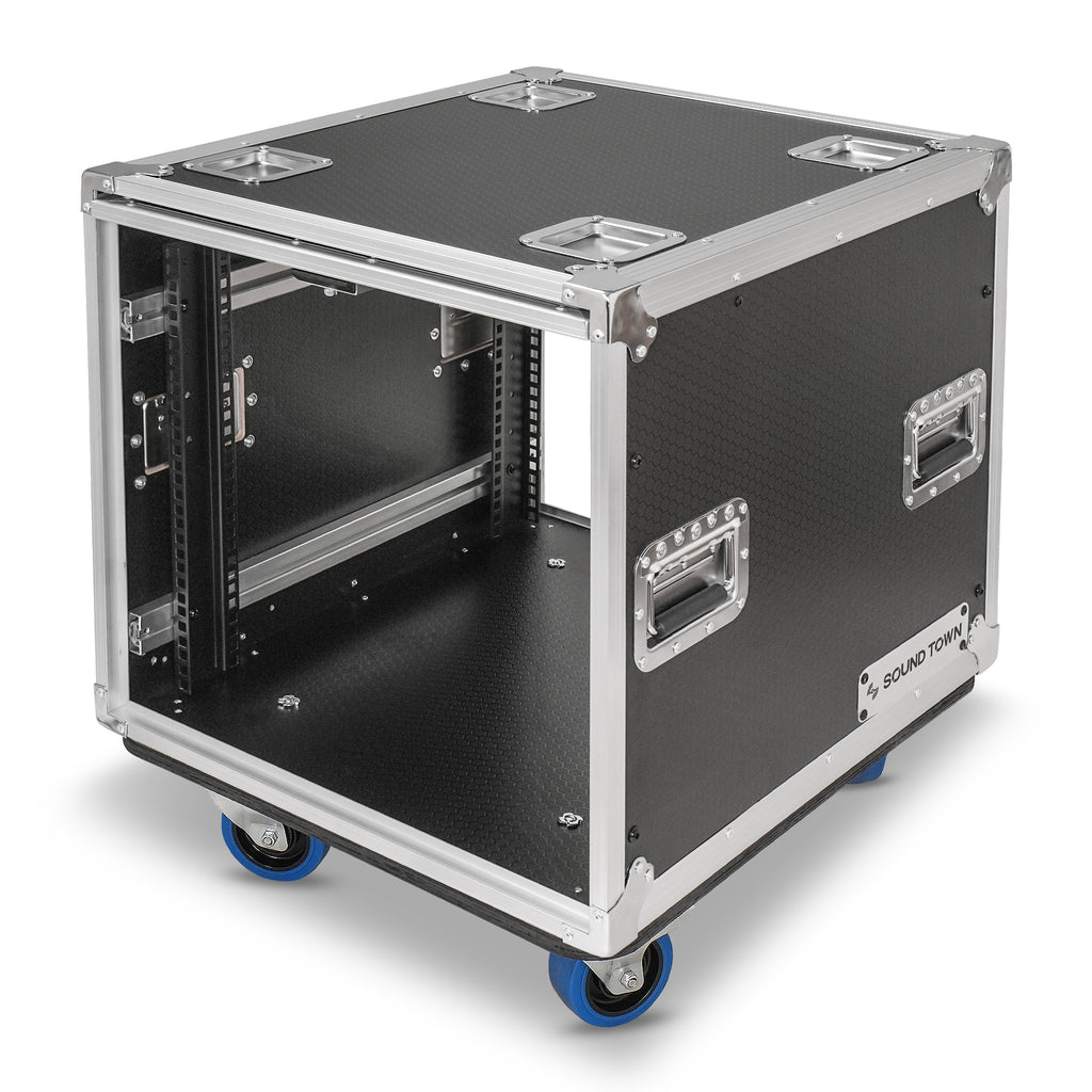 Sound Town STPR-10 | 10U Slam Rack Road Case, Retractable Sliding Doors, Adjustable Depth, Stackable, Casters, 12mm PVC-Laminated Plywood, for PA/DJ Gear - Left View 