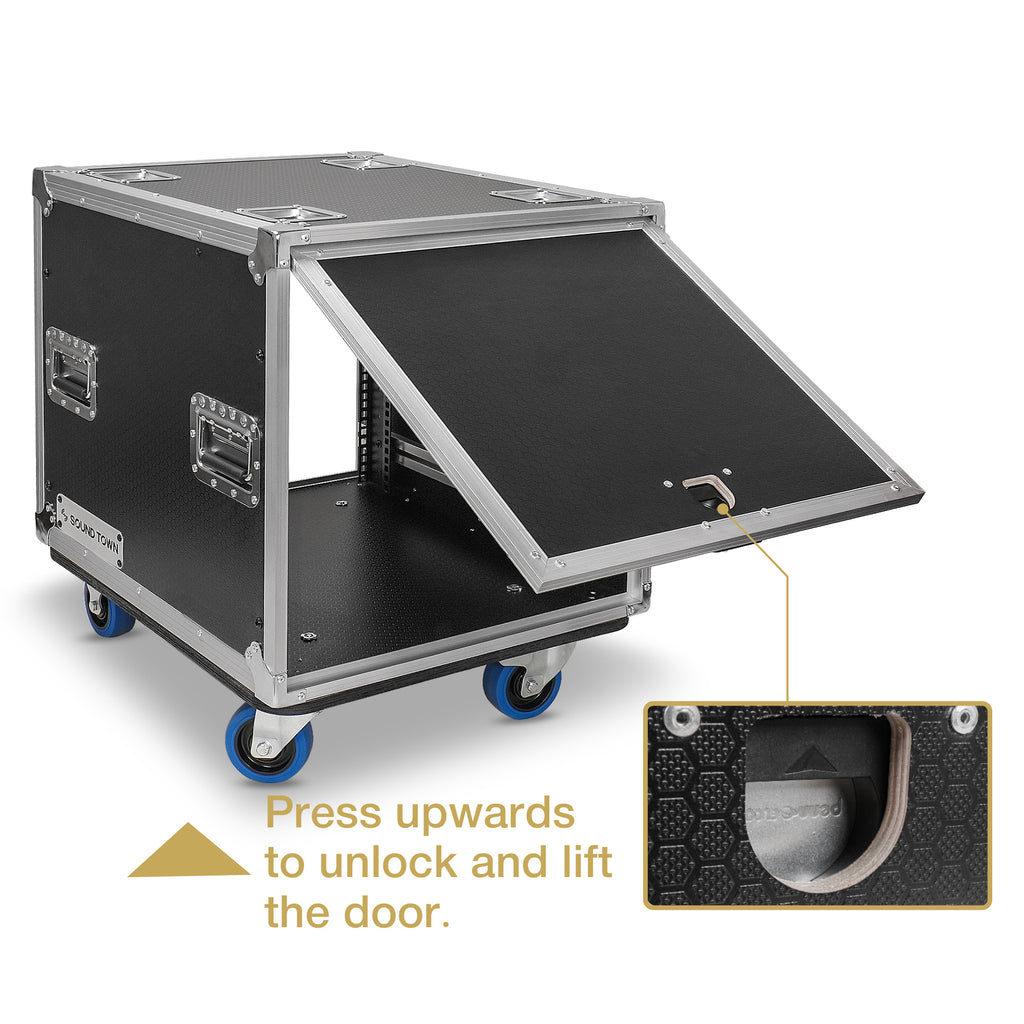 Sound Town STPR-10 | 10U Slam Rack Road Case, Retractable Sliding Doors, Adjustable Depth, Stackable, Casters, 12mm PVC-Laminated Plywood, for PA/DJ Gear - Press upwards to unlock and lift door.