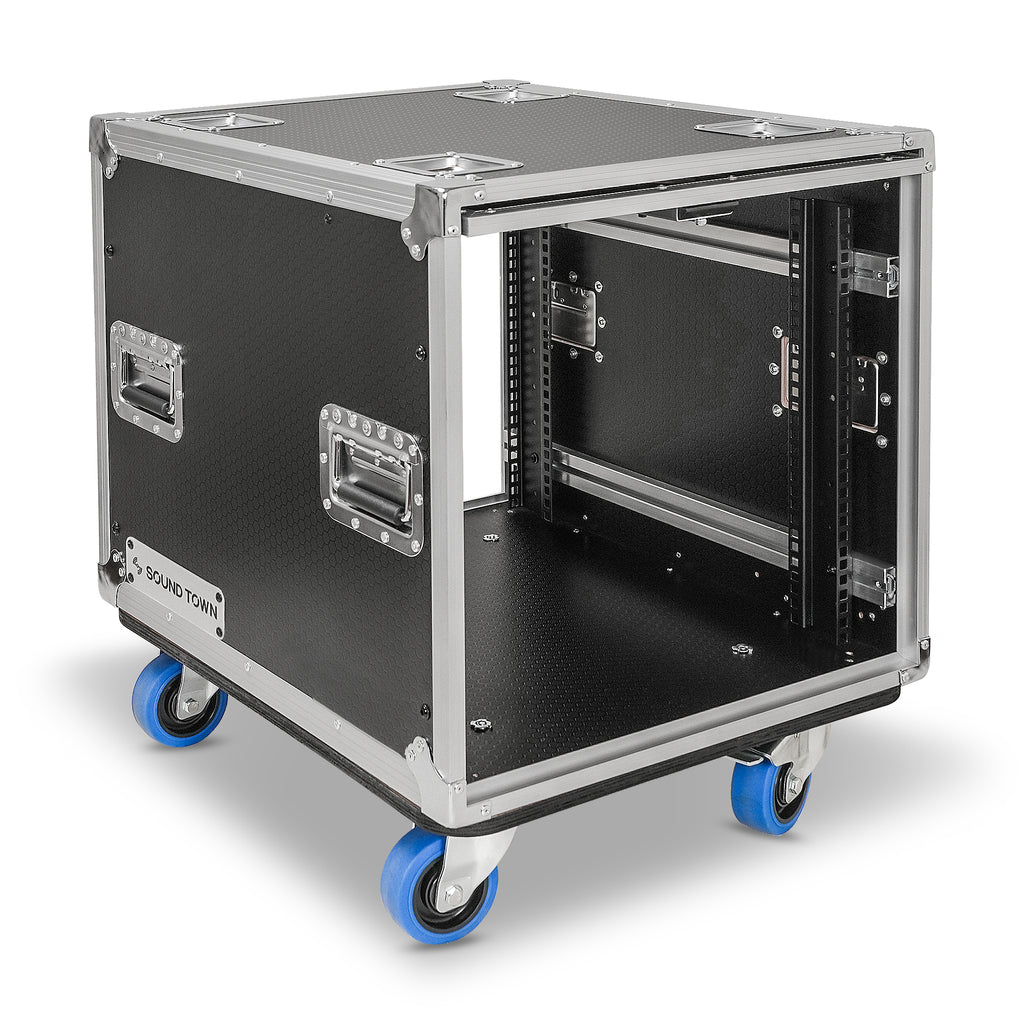 Sound Town STPR-10 | 10U Slam Rack Road Case, Retractable Sliding Doors, Adjustable Depth, Stackable, Casters, 12mm PVC-Laminated Plywood, for PA/DJ Gear - Right Angle 