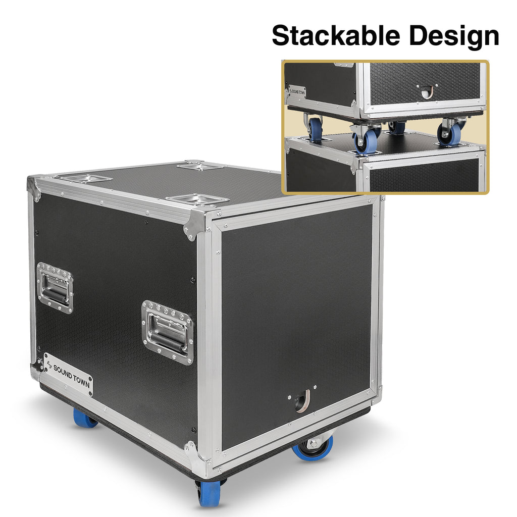 Sound Town STPR-10 | 10U Slam Rack Road Case, Retractable Sliding Doors, Adjustable Depth, Casters, 12mm PVC-Laminated Plywood, for PA/DJ Gear - Stackable Design 