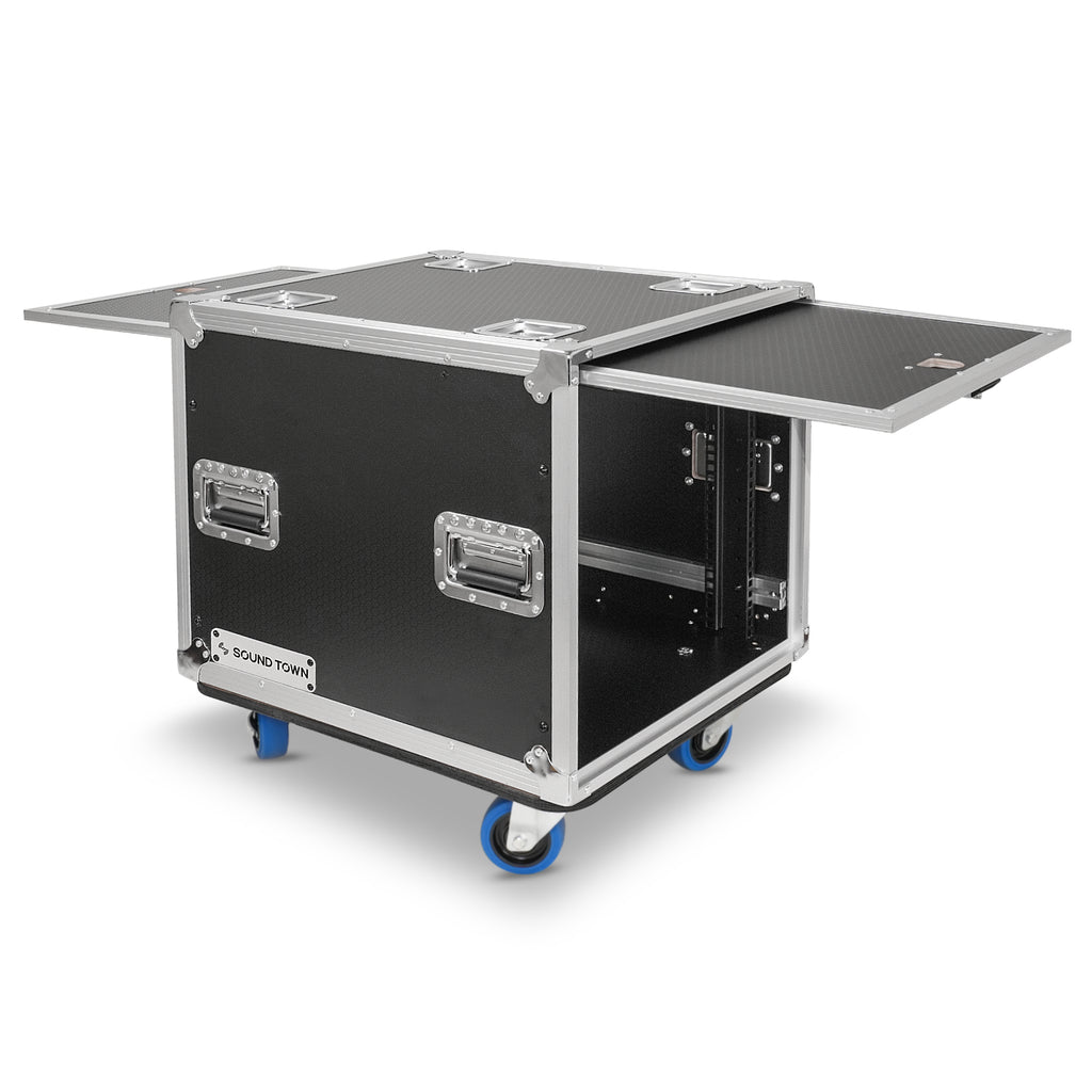 Sound Town STPR-10 | 10U Slam Rack Road Case, Retractable Sliding Doors, Adjustable Depth, Stackable, Casters, 12mm PVC-Laminated Plywood, for PA/DJ Gear