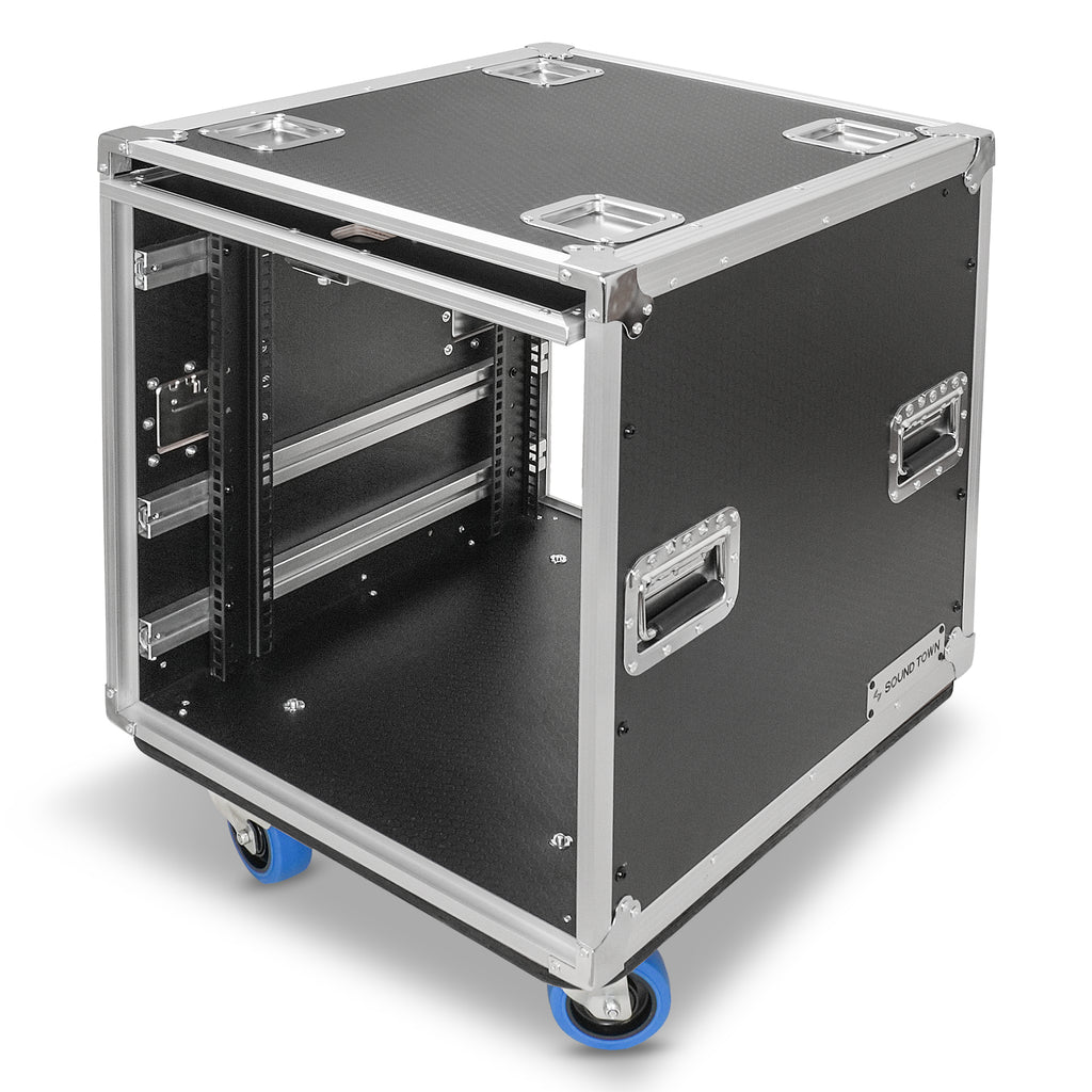 Sound Town STPR-12 | 12U Slam Rack Road Case, Retractable Sliding Doors, Adjustable Depth, Stackable, Casters, 12mm PVC-Laminated Plywood, for PA/DJ Gear - Left View