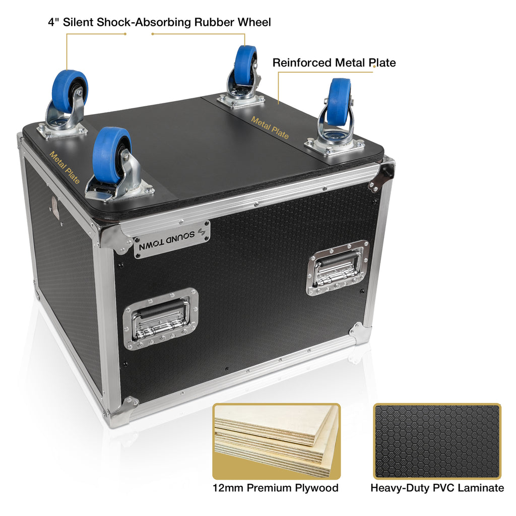 Sound Town STPR-12 | 12U Slam Rack Road Case, Retractable Sliding Doors, Adjustable Depth, Stackable, Casters, 12mm PVC-Laminated Plywood, for PA/DJ Gear - 4" Silent Shock-Absorbing Rubber Wheels and Reinforced Metal Plates