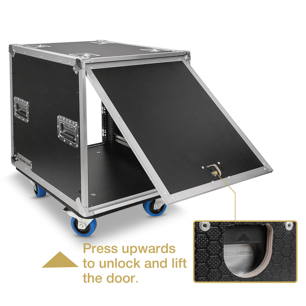 Sound Town STPR-12 | 12U Slam Rack Road Case, Retractable Sliding Doors, Adjustable Depth, Stackable, Casters, 12mm PVC-Laminated Plywood, for PA/DJ Gear - Easy to unlock and lift the door.