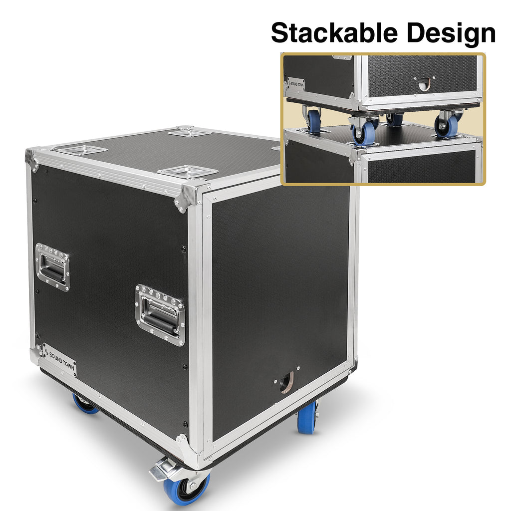Sound Town STPR-12 | 12U Slam Rack Road Case, Retractable Sliding Doors, Adjustable Depth, Stackable, Casters, 12mm PVC-Laminated Plywood, for PA/DJ Gear - Easy to Transport