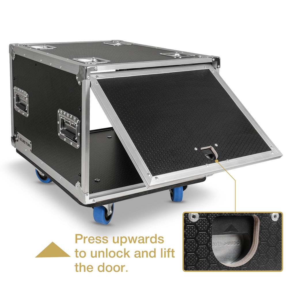 Sound Town STPR-8 | 8U Slam Rack Road Case with Retractable Sliding Doors, Adjustable Depth, Stackable, Casters, 12mm PVC-Laminated Plywood, for PA/DJ Gear - Easy Unlock & Lift Door